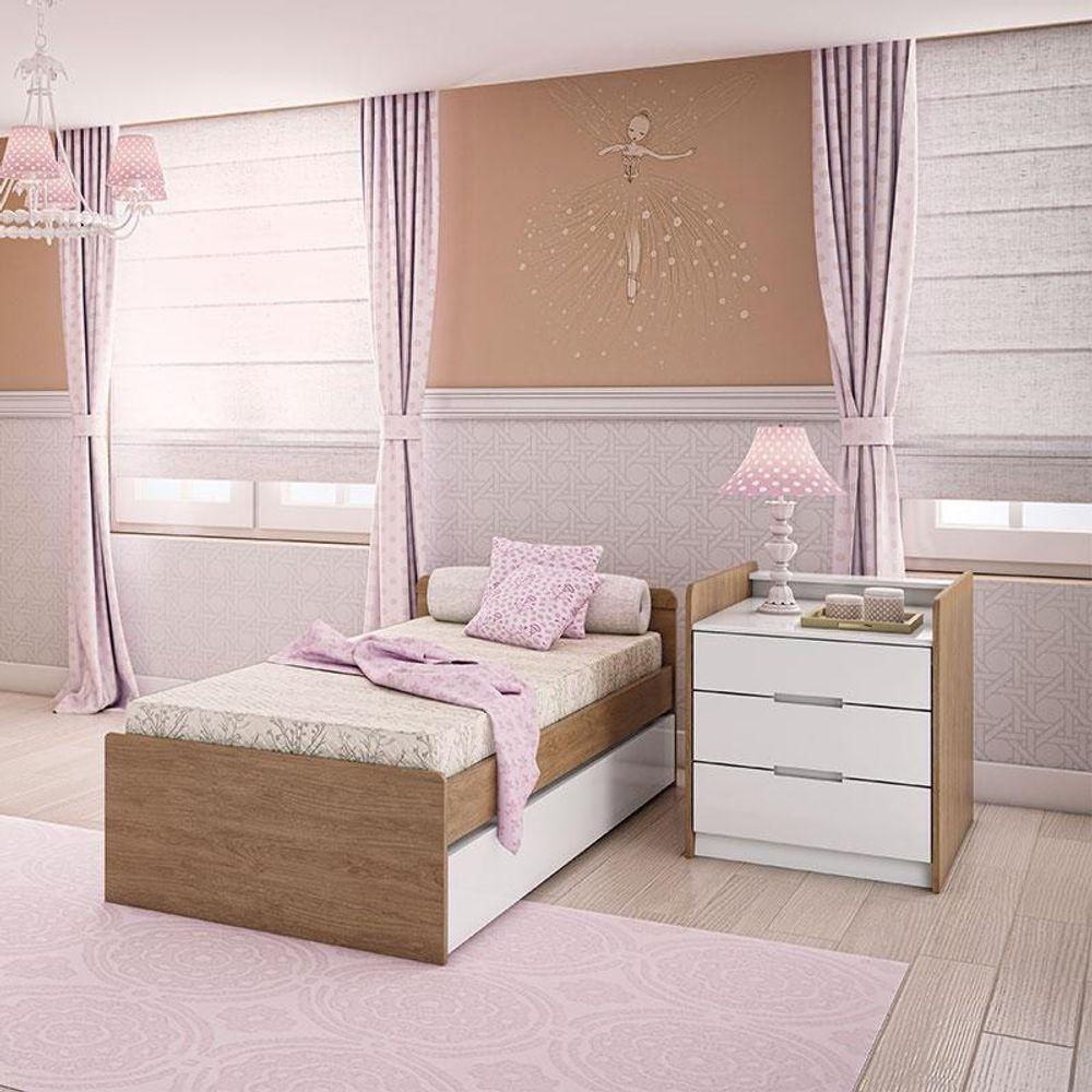 Quarto De Bebê Ariel 3 Portas Com Berço Americano Multifuncional Cléo Branco Acetinado Amadeirado