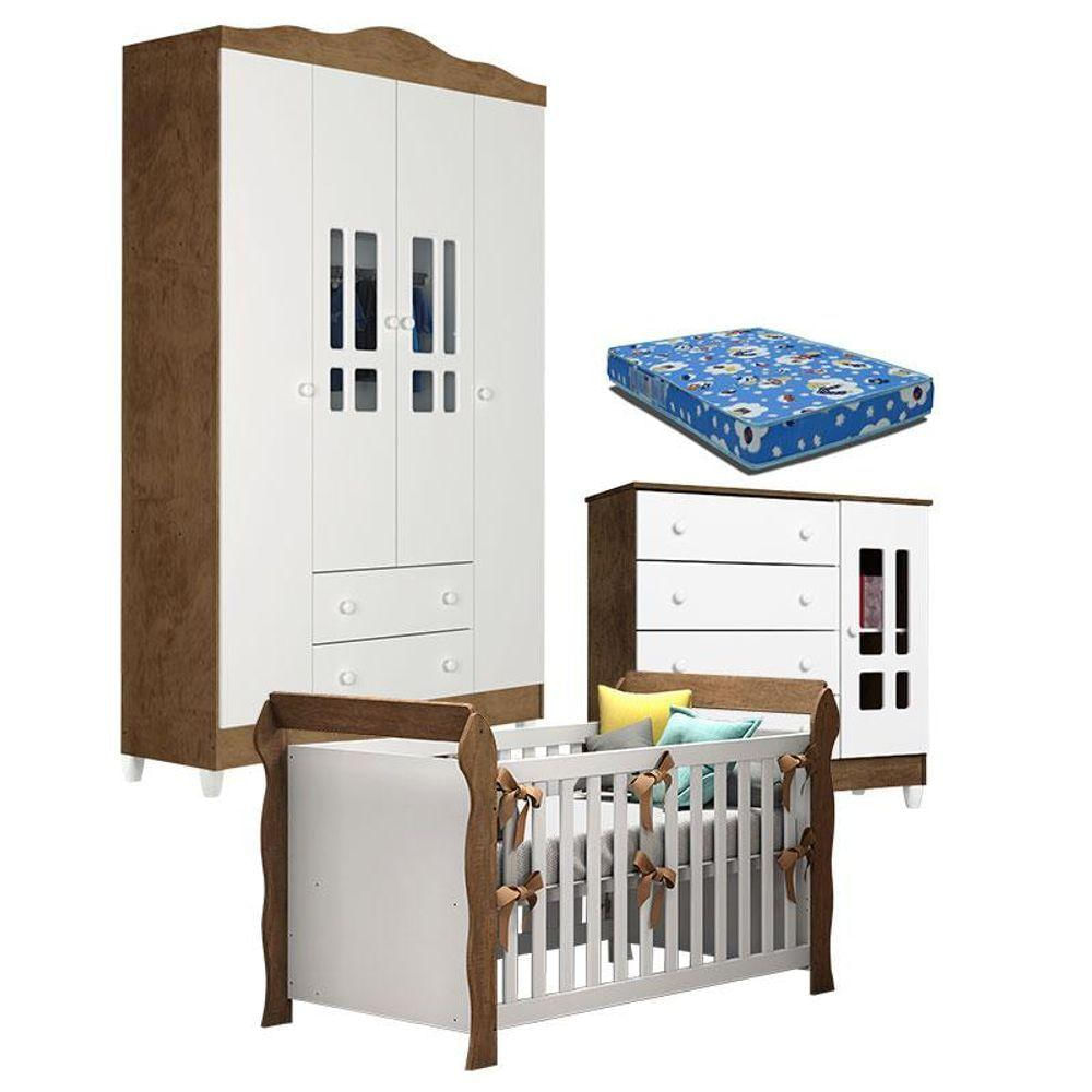 Quarto De Bebê Ariel 4p Berço Lara Branco Acetinado Amadeirado Com Colchão - Carolina