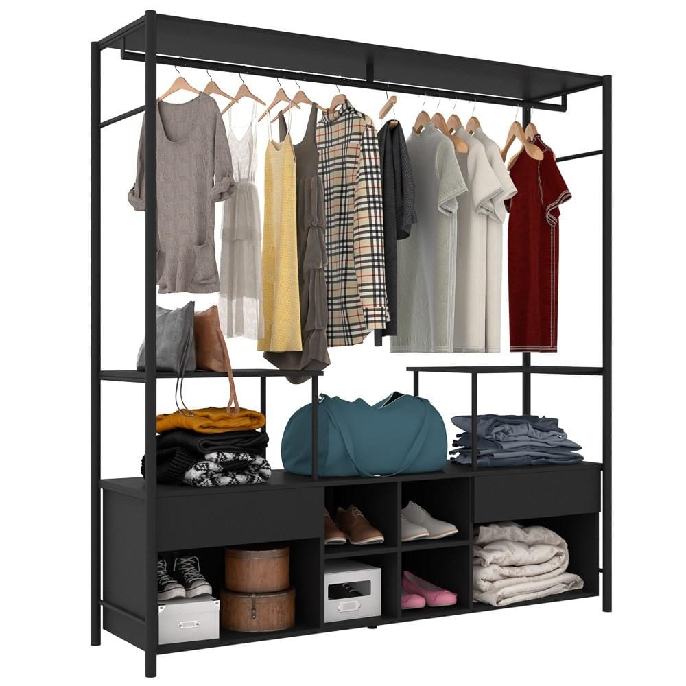 Guarda Roupa Closet Casal Industrial 174cm 2 Gavetas Barcelona Preto Texturizado - Artefamol