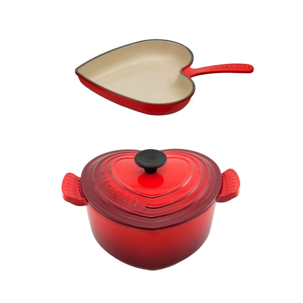 KIT LE CREUSET PANELA CORAÇÃO 20CM E SKILLET CORAÇÃO 26CM EM FERRO FUNDIDO VERMELHO