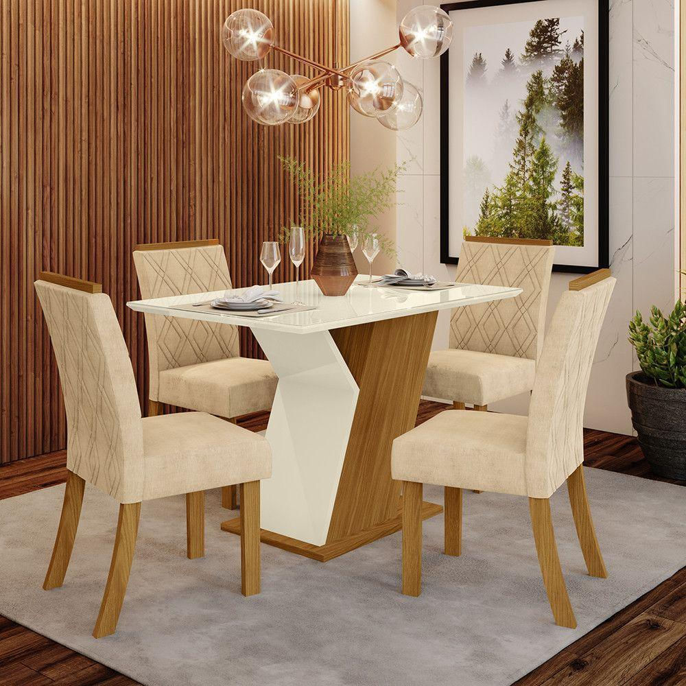 Kit De Jantar 120Cm 04 Cadeiras Nature Com Off White E Linho