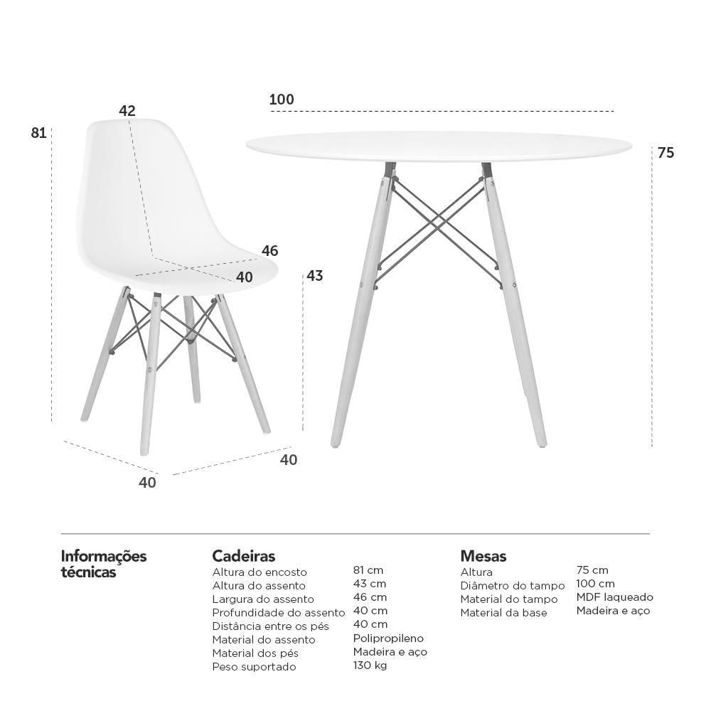 Mesa Redonda Eames 100cm Preto + 4 Cadeiras Branco