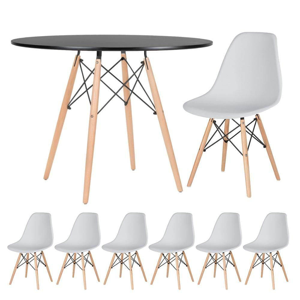 Mesa Redonda Eames 100cm Preto + 6 Cadeiras Cinza Claro