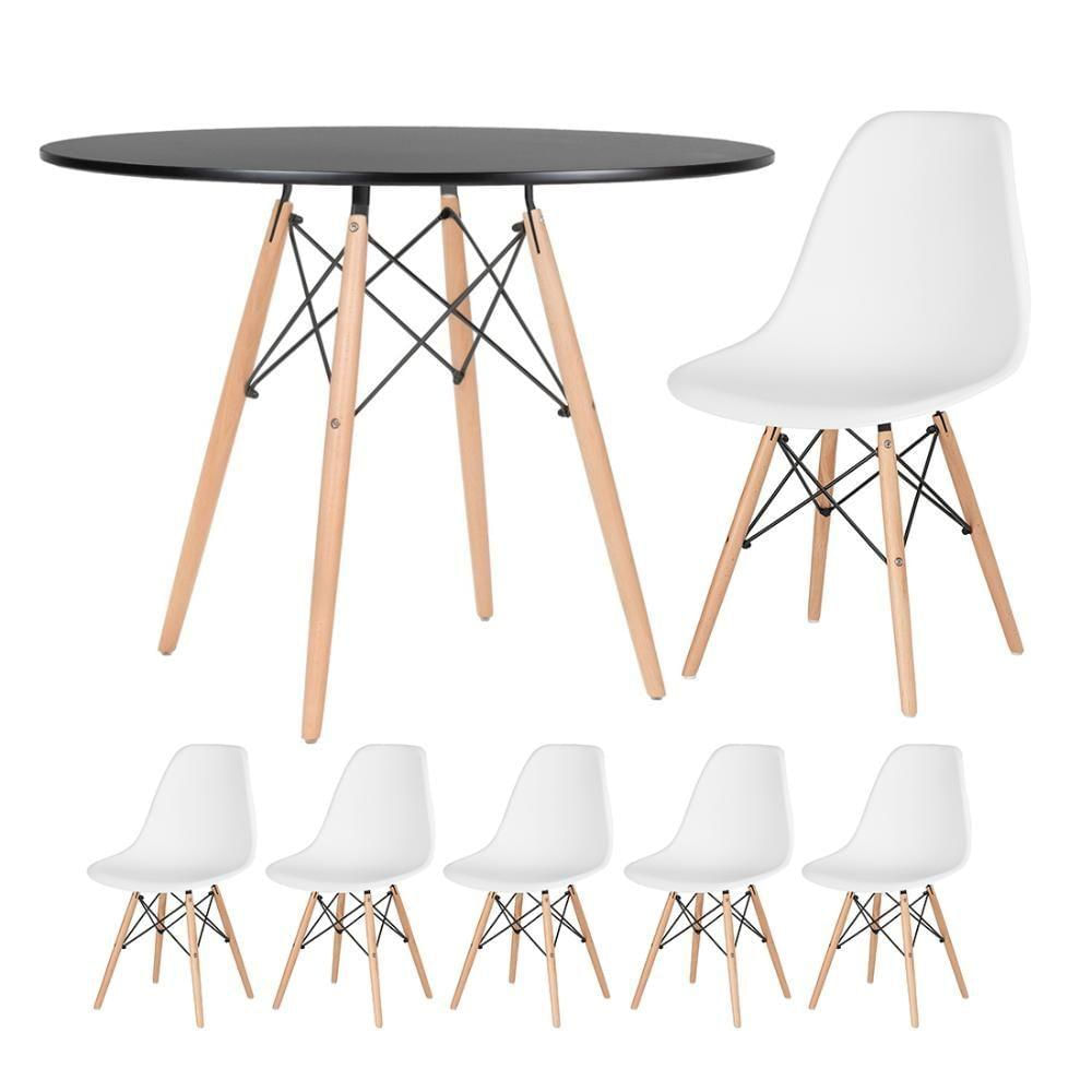 Mesa Redonda Eames 100cm Preto + 5 Cadeiras Branco