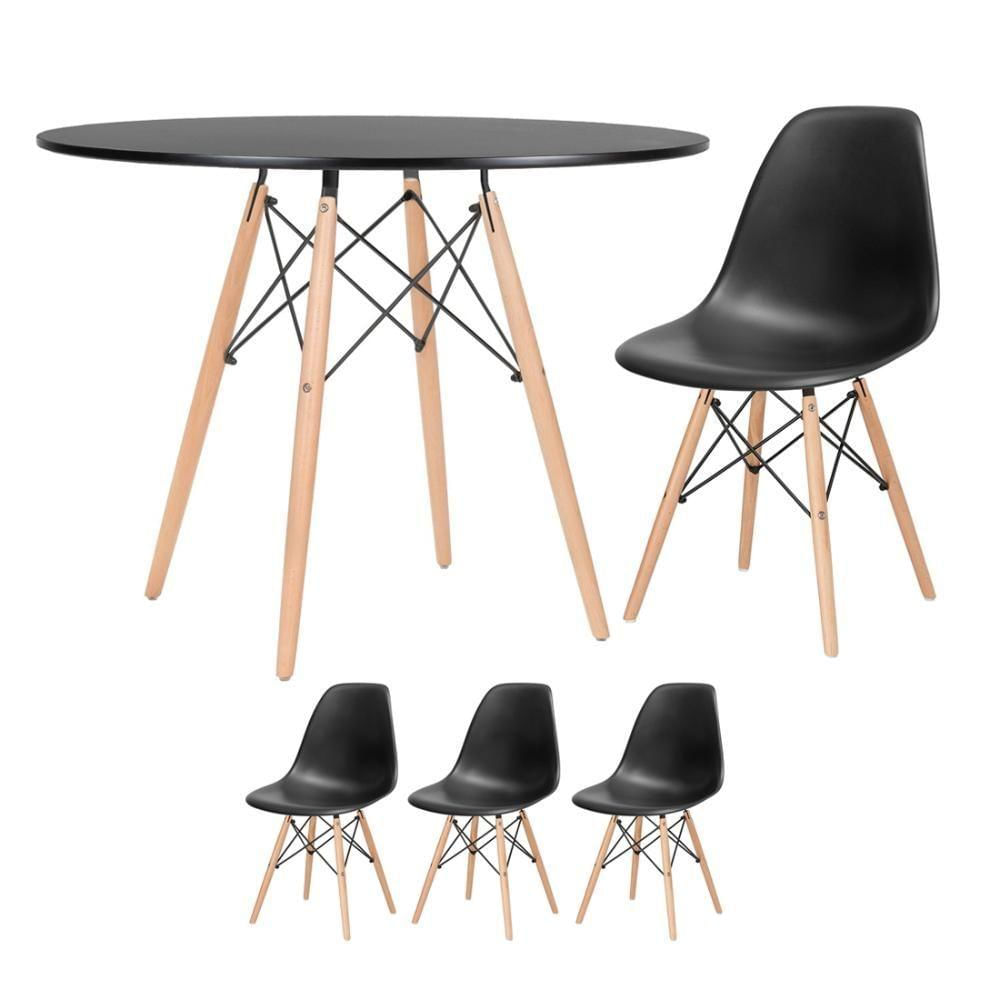 Mesa Redonda Eames 100cm Preto + 3 Cadeiras Preto