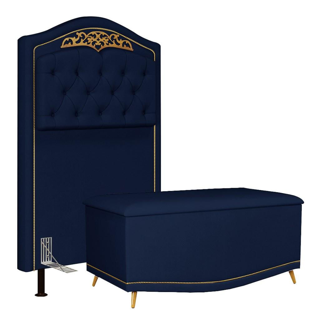 Cabeceira Cama Box Solteiro 90cm Com Calçadeira Baú Imperial J02 Veludo Azul - Mpozenato