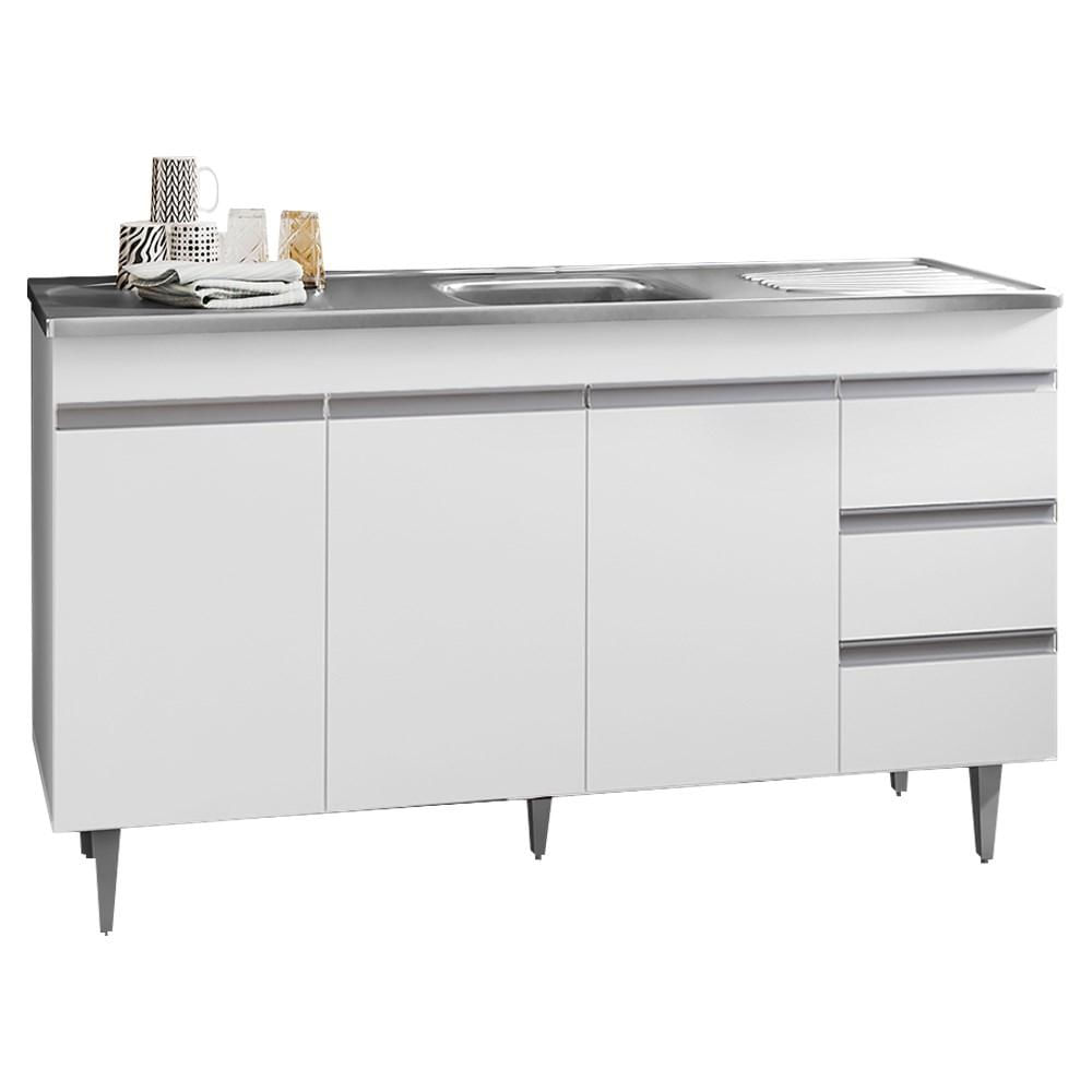 Balcão Gabinete com Pia Inox 150cm 3 Portas 3 Gavetas Andréia Branco - AJL Móveis