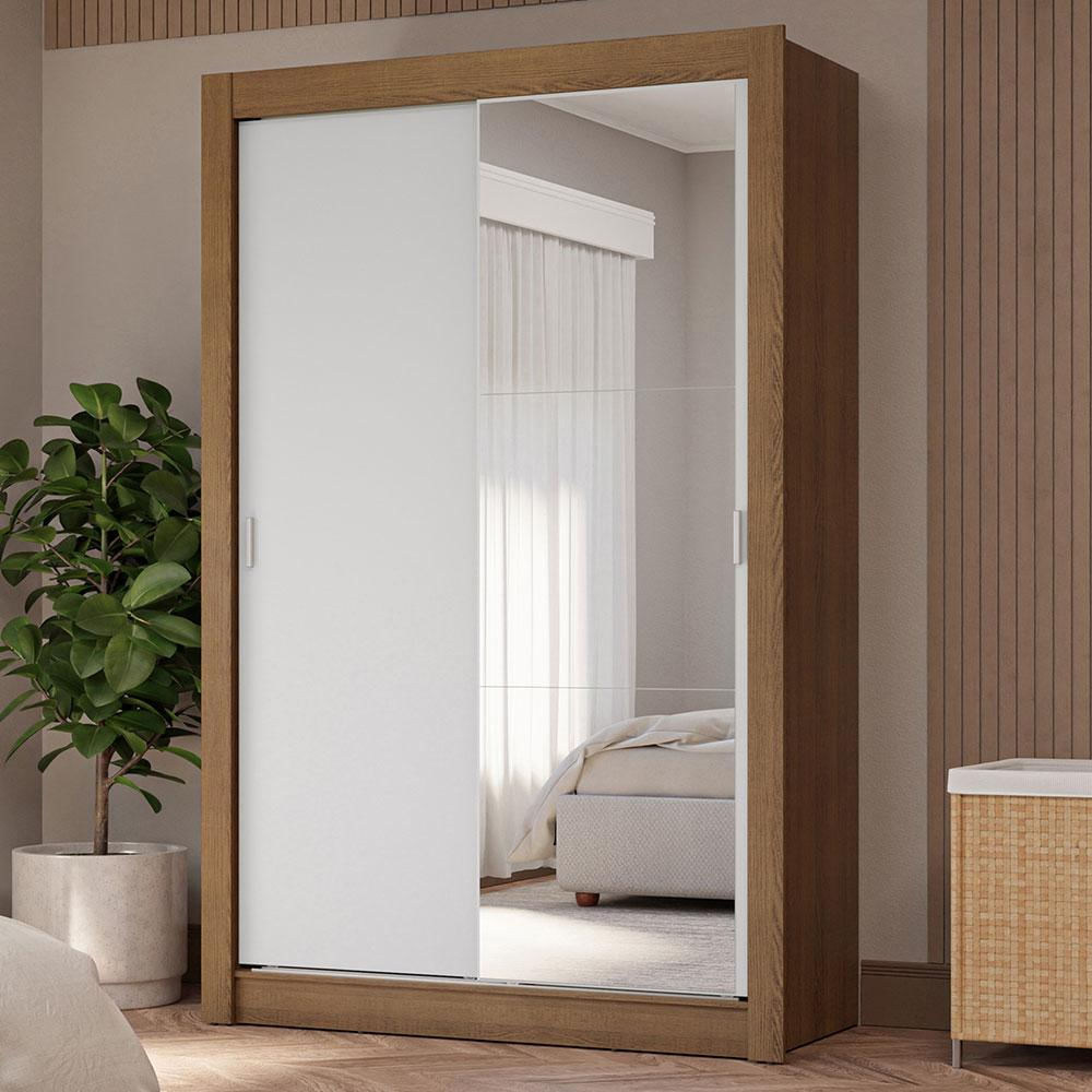Guarda-Roupa Solteiro 2 Portas de Correr com Espelho 4 Gavetas Rustic/Branco Vivare Plus Madesa