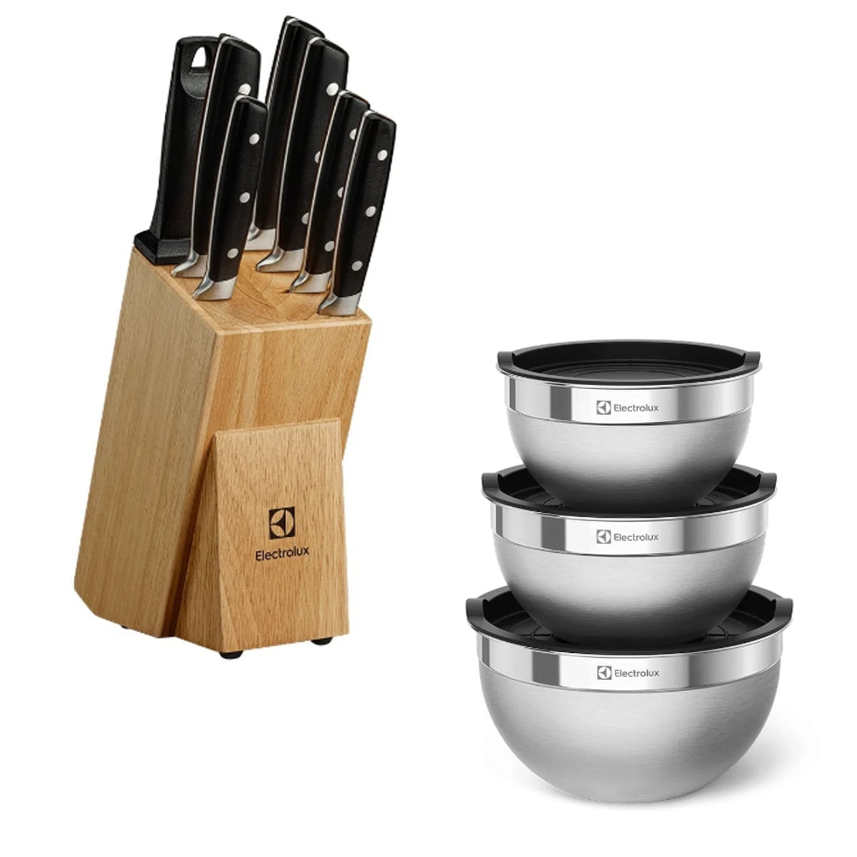 KIT ELECTROLUX CONJUNTO 8 FACAS C/CEPO E CONJUNTO 3 BOWLS C/TAMPA PLÁSTICA