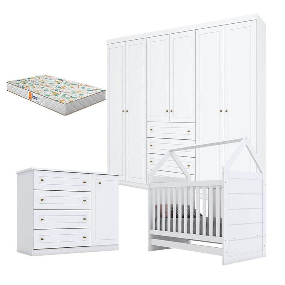 Quarto De Bebê Americano 6 Portas Com Berço Montessoriano Branco Hp E Colchão Gazin - Henn