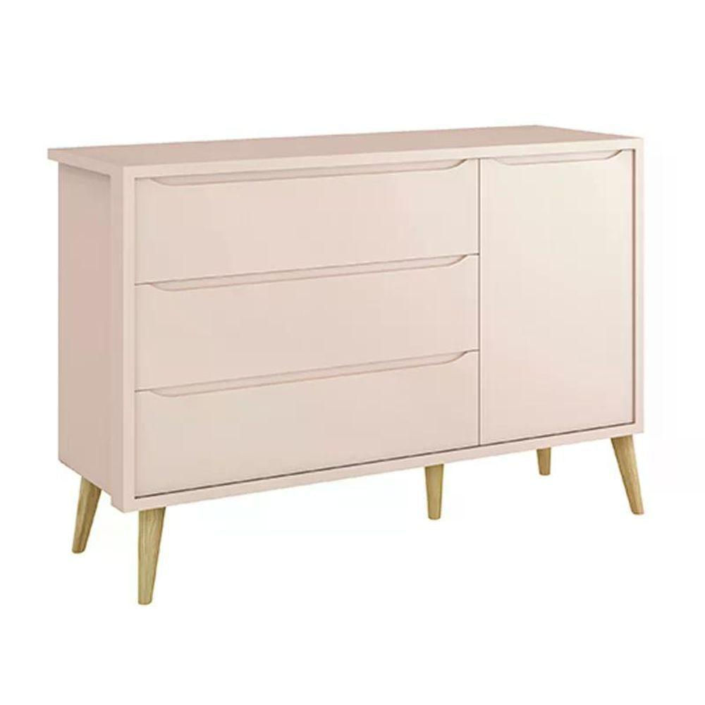 Cômoda Infantil Theo 1 Porta E 3 Gavetas Rosa Fosco Com Pés Madeira Natural - Reller Móveis Rosa Fosco