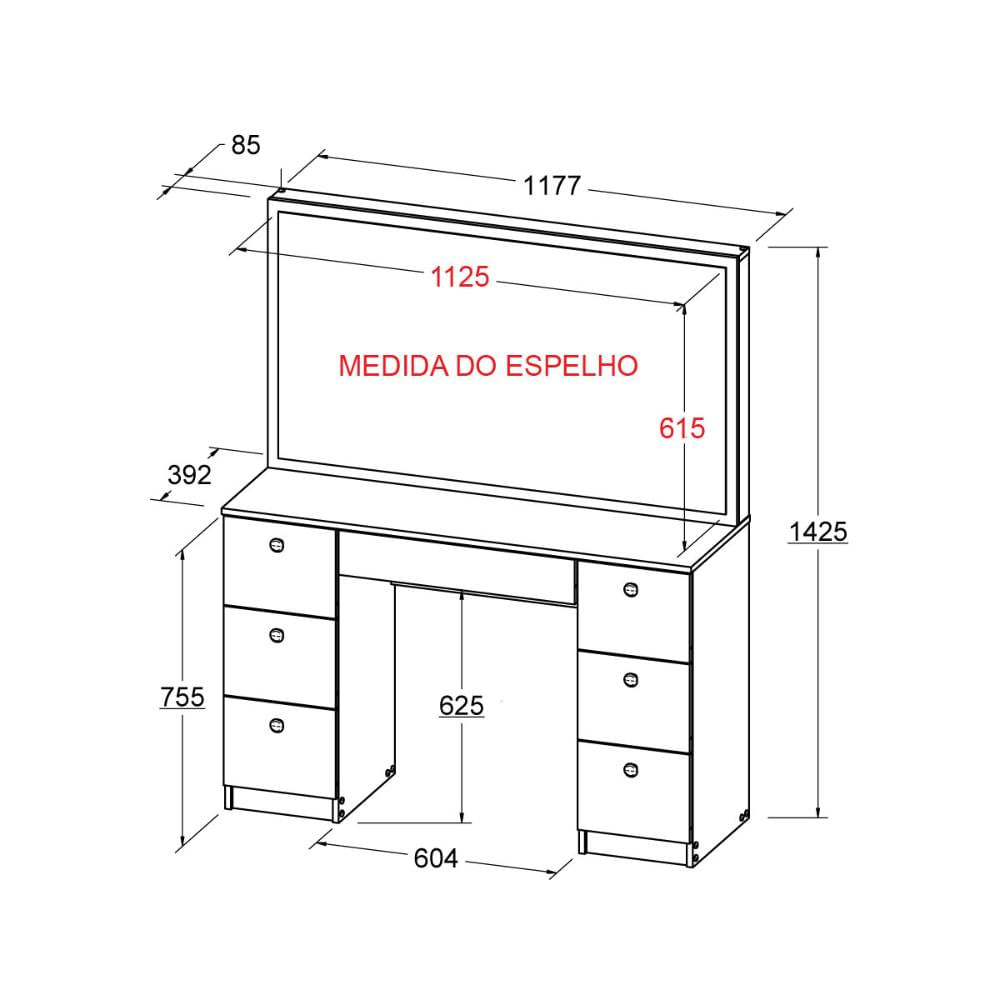 Penteadeira Ditália 7 Gav. PE-80 Branco c/ Kit Luz Camarim