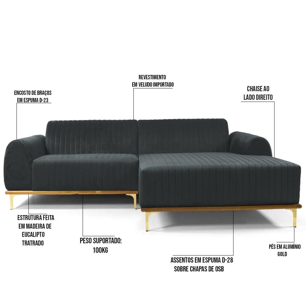 Sofá 320cm 5 Lugares com Chaise Direito Pés Gold Molino C-317 Veludo Cinza - Domi