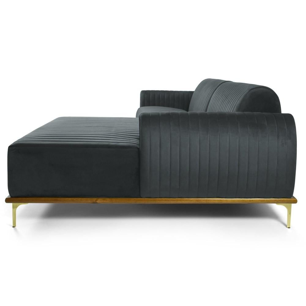 Sofá 320cm 5 Lugares com Chaise Direito Pés Gold Molino C-317 Veludo Cinza - Domi