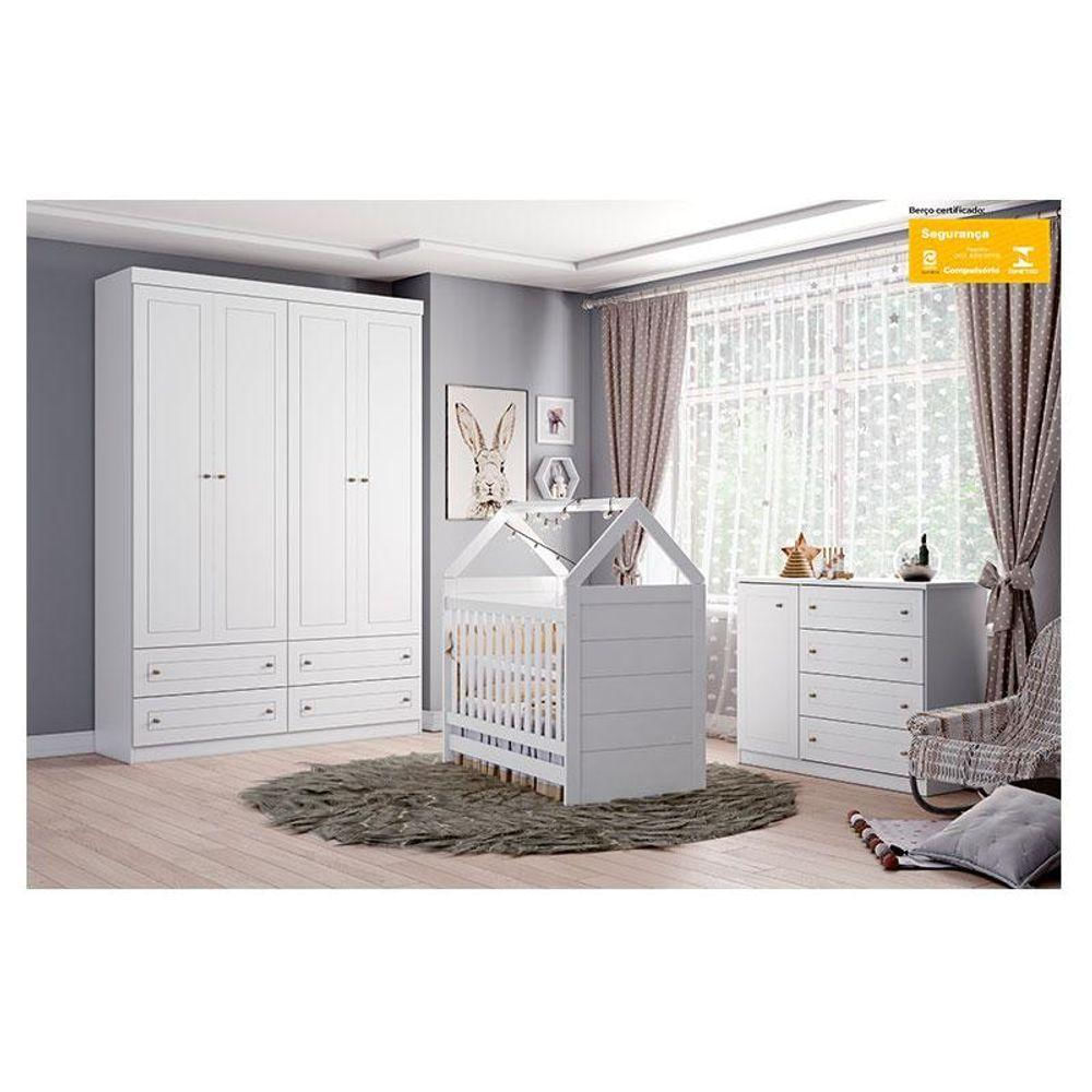 Quarto De Bebê Mississipi 4 Portas Com Berço Montessoriano Americano Branco E Colchão Gazin - Henn