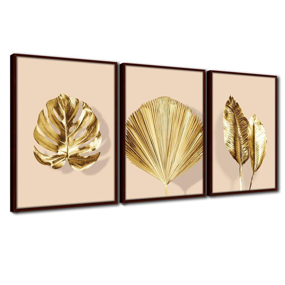 Quadro Premium Textura Cxalta Folhas Ouro Em Bege2 3Un 40X60 Titulo Moldura Madeira