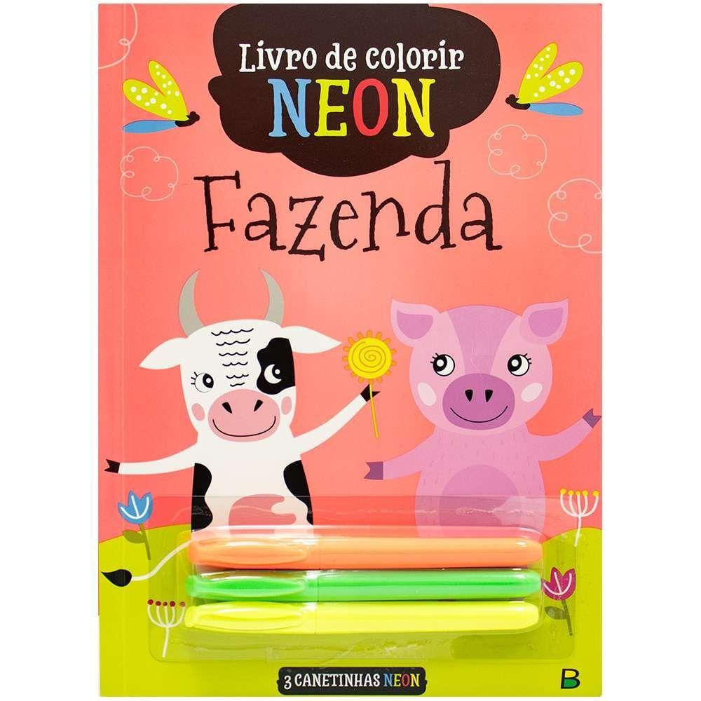 Livro De Colorir Neon Fazenda Com Canetas Fluorescentes