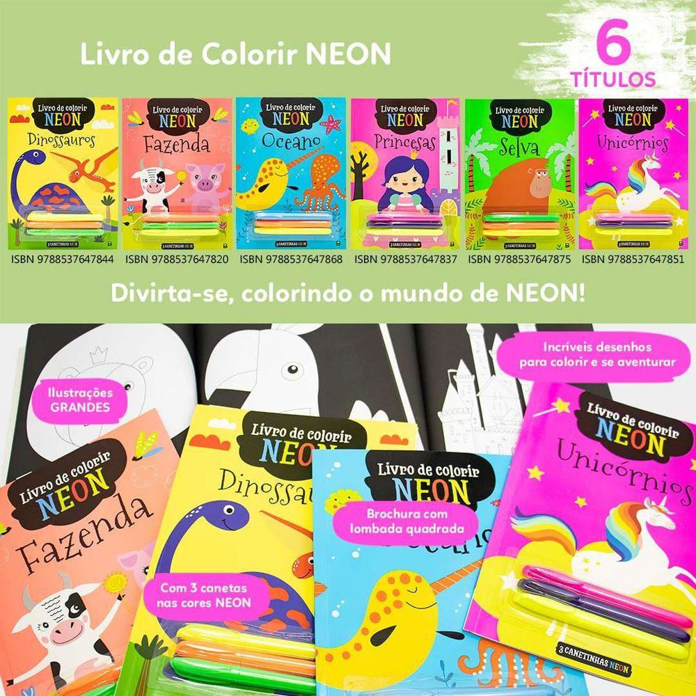 Livro De Colorir Neon Fazenda Com Canetas Fluorescentes