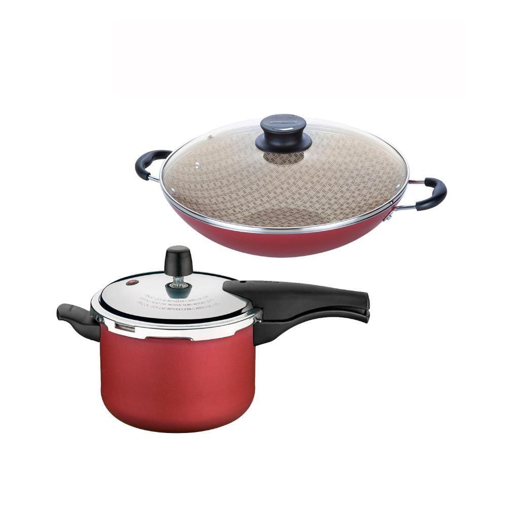 Kit - Panela De Pressão 4,5l Vancouver Vermelha + 1 Panela Wok 36cm - Tramontina