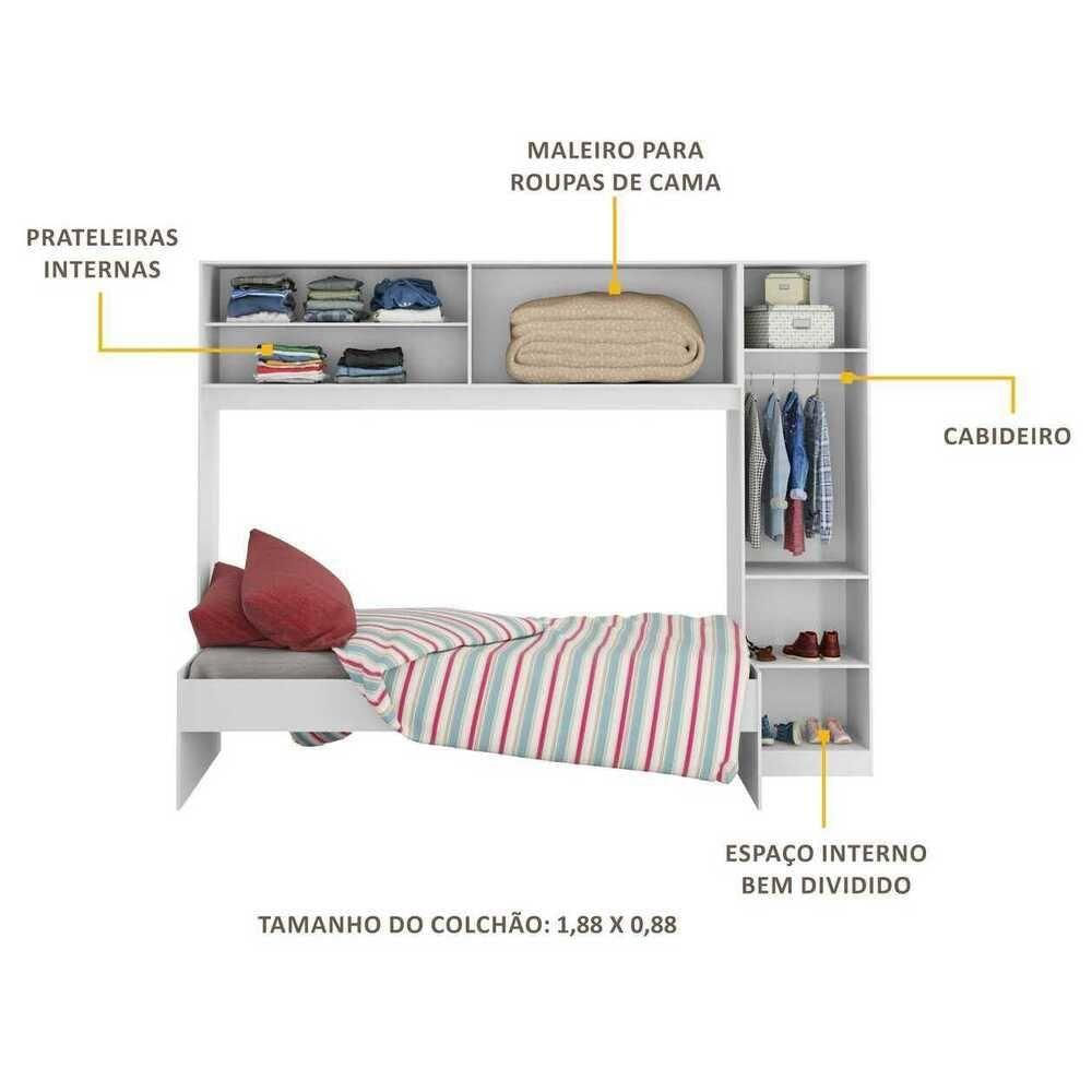 Cama Solteiro Com Guarda-roupa Para Colchão 88 X 188 Cm Multimóveis Branca