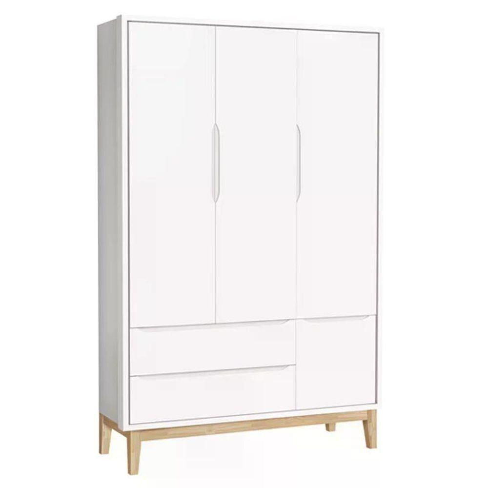 Jogo De Quarto Classic Guarda Roupa 3 Portas E Cômoda Branco Fosco Com Pés Madeira Natural - Reller Móveis Branco Fosco