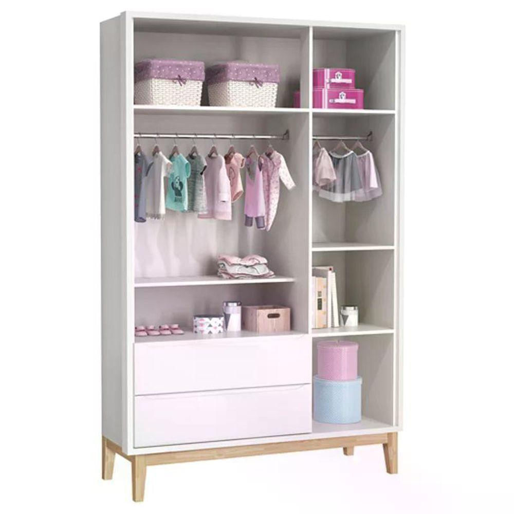 Jogo De Quarto Classic Guarda Roupa 3 Portas E Cômoda Branco Fosco Com Pés Madeira Natural - Reller Móveis Branco Fosco