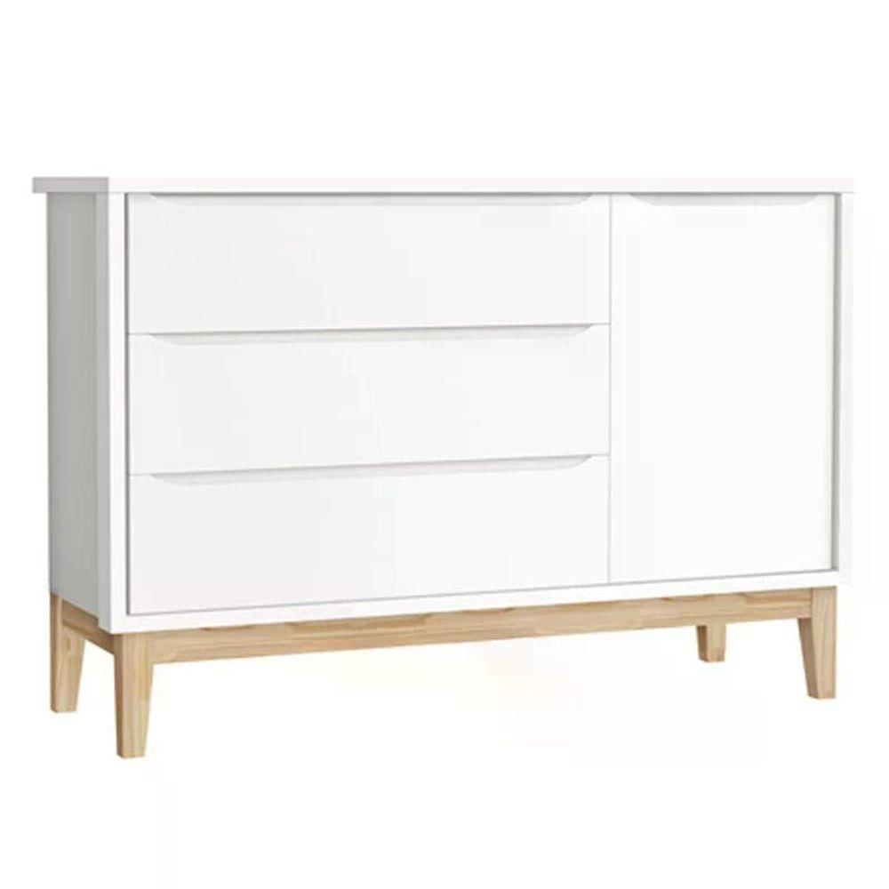 Jogo De Quarto Classic Guarda Roupa 3 Portas E Cômoda Branco Fosco Com Pés Madeira Natural - Reller Móveis Branco Fosco