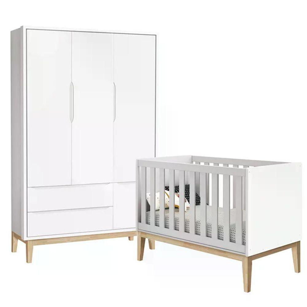 Jogo De Quarto Classic Guarda Roupa 3 Portas E Berço Branco Fosco Com Pés Madeira Natural - Reller Móveis Branco Fosco