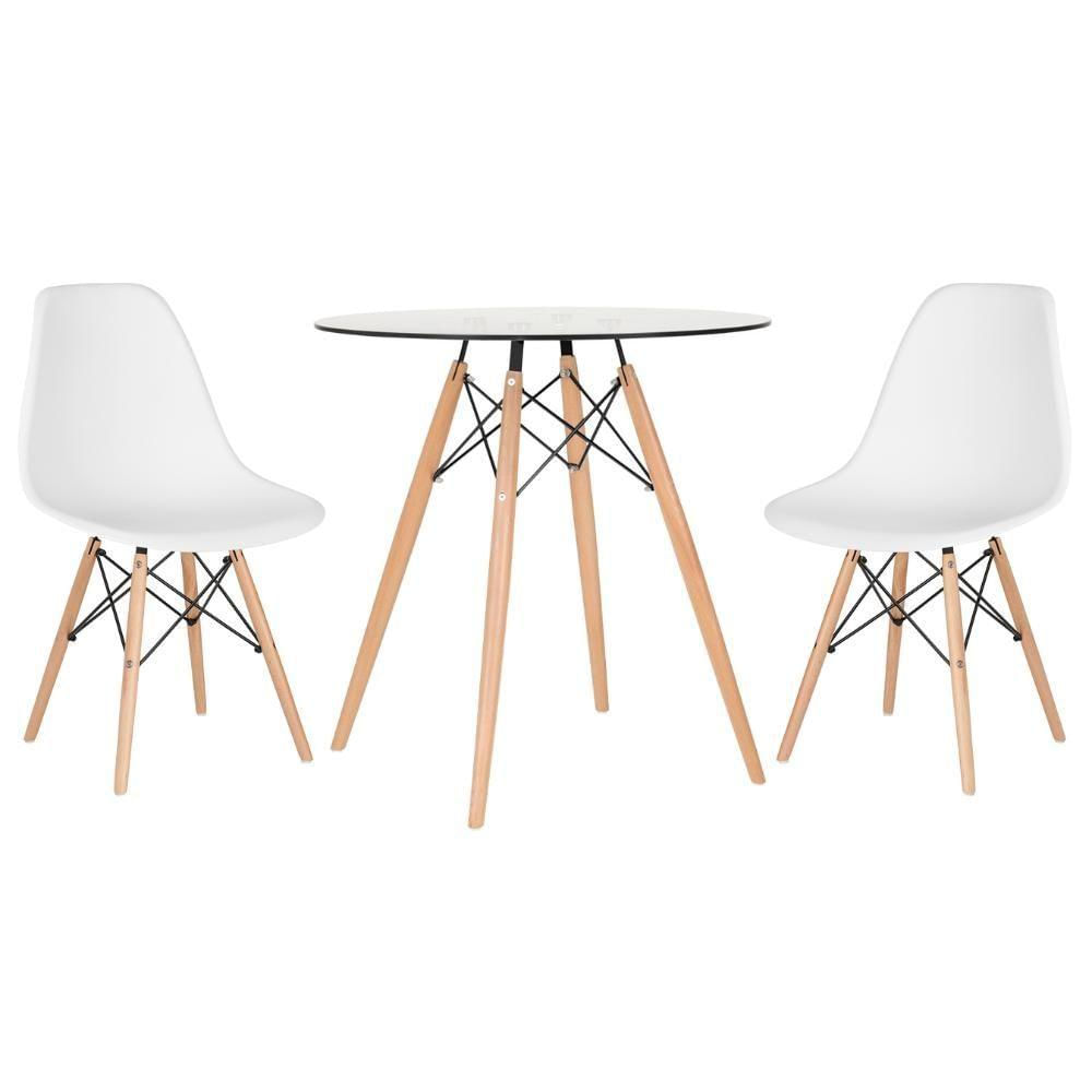 Mesa Tampo De Vidro 70 Cm + 2 Cadeiras Eiffel Dsw Branco