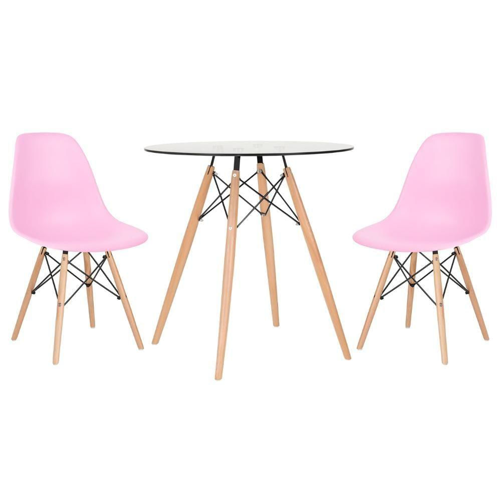 Mesa Tampo De Vidro 70 Cm + 2 Cadeiras Eiffel Dsw Rosa Claro