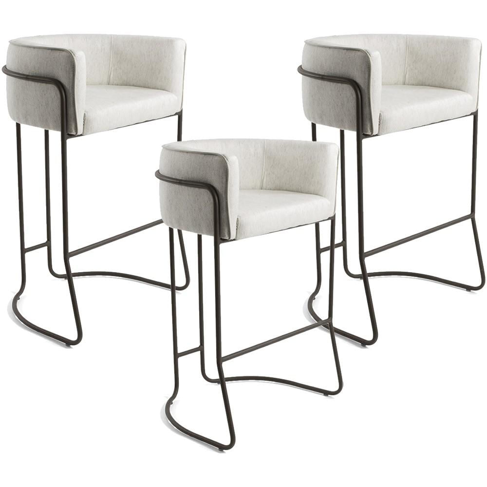 Kit 03 Banquetas Decorativa Fixa Base de Aço Choco Betina D02 Linho Creme A-48 - Lyam Decor