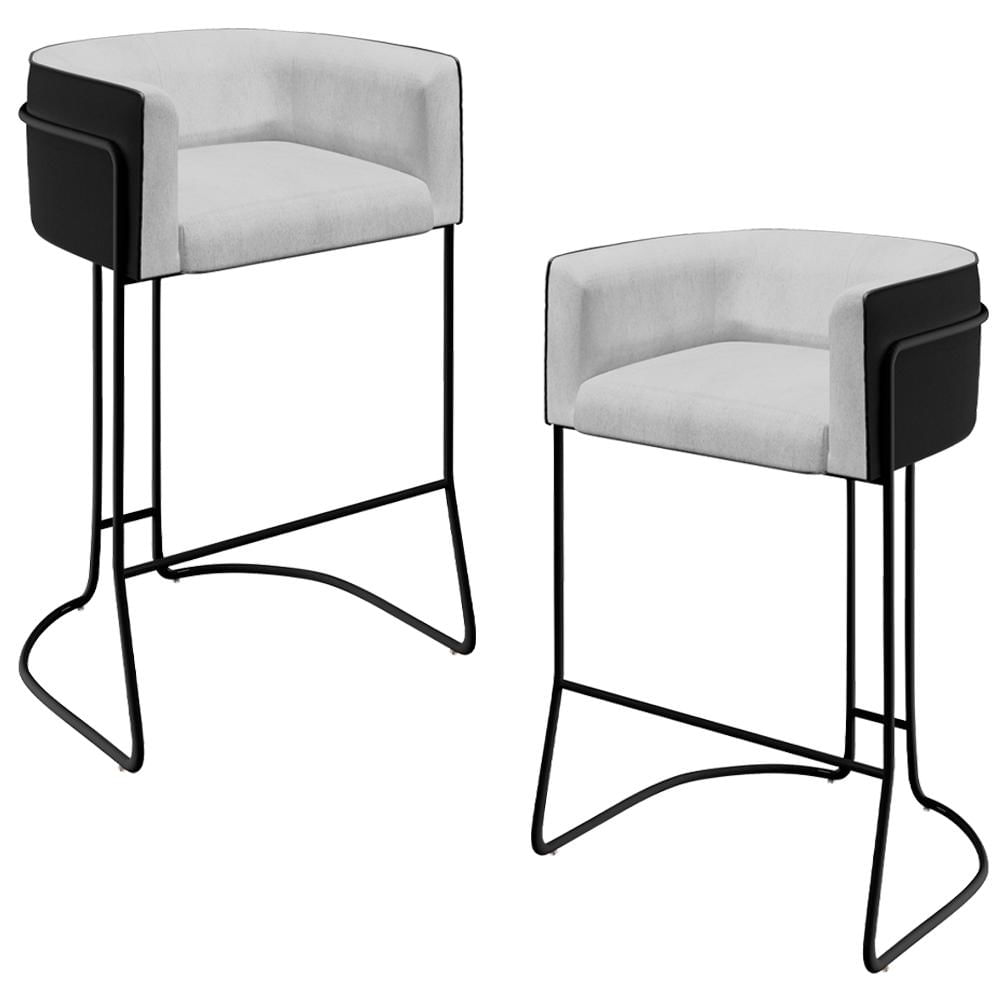 Kit 02 Banquetas Base de Aço Preto Betina D02 Linho Cinza D-315 Corano Preto B-97 - Lyam Decor