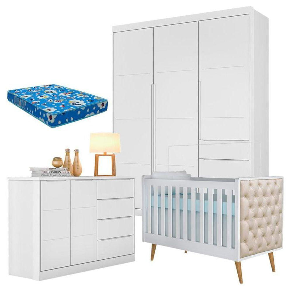 Quarto De Bebê Blenda E Berço Americano Lorena Com Capitonê Branco Acetinado E Colchão - Phoenix