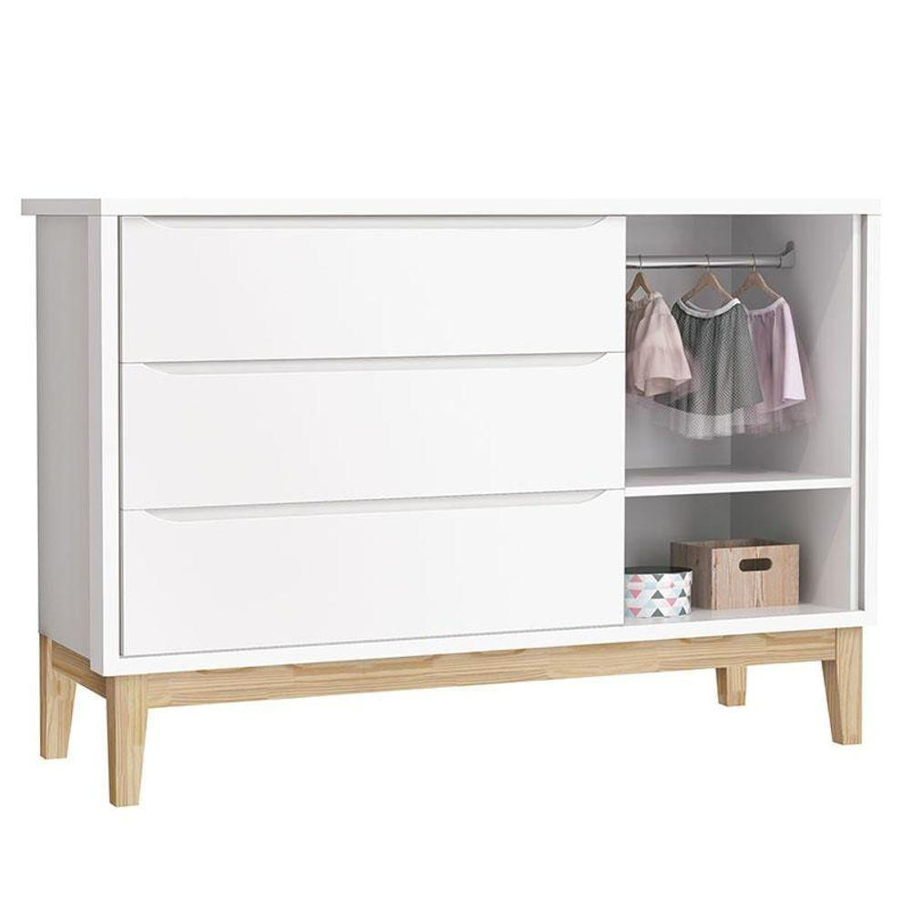 Quarto De Bebê Classic 3 Portas Com Colchão Branco Pés Madeira Natural - Reller