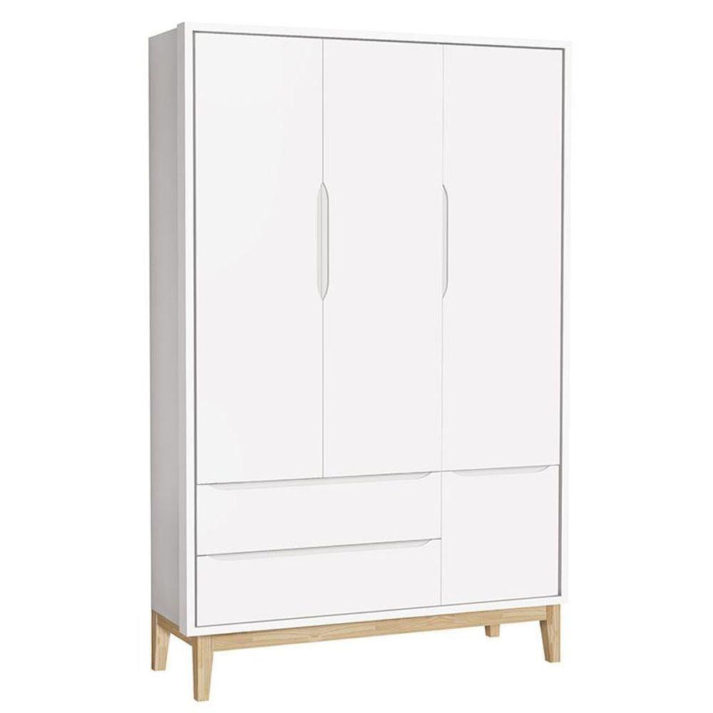 Quarto De Bebê Classic 3 Portas Com Colchão Branco Pés Madeira Natural - Reller