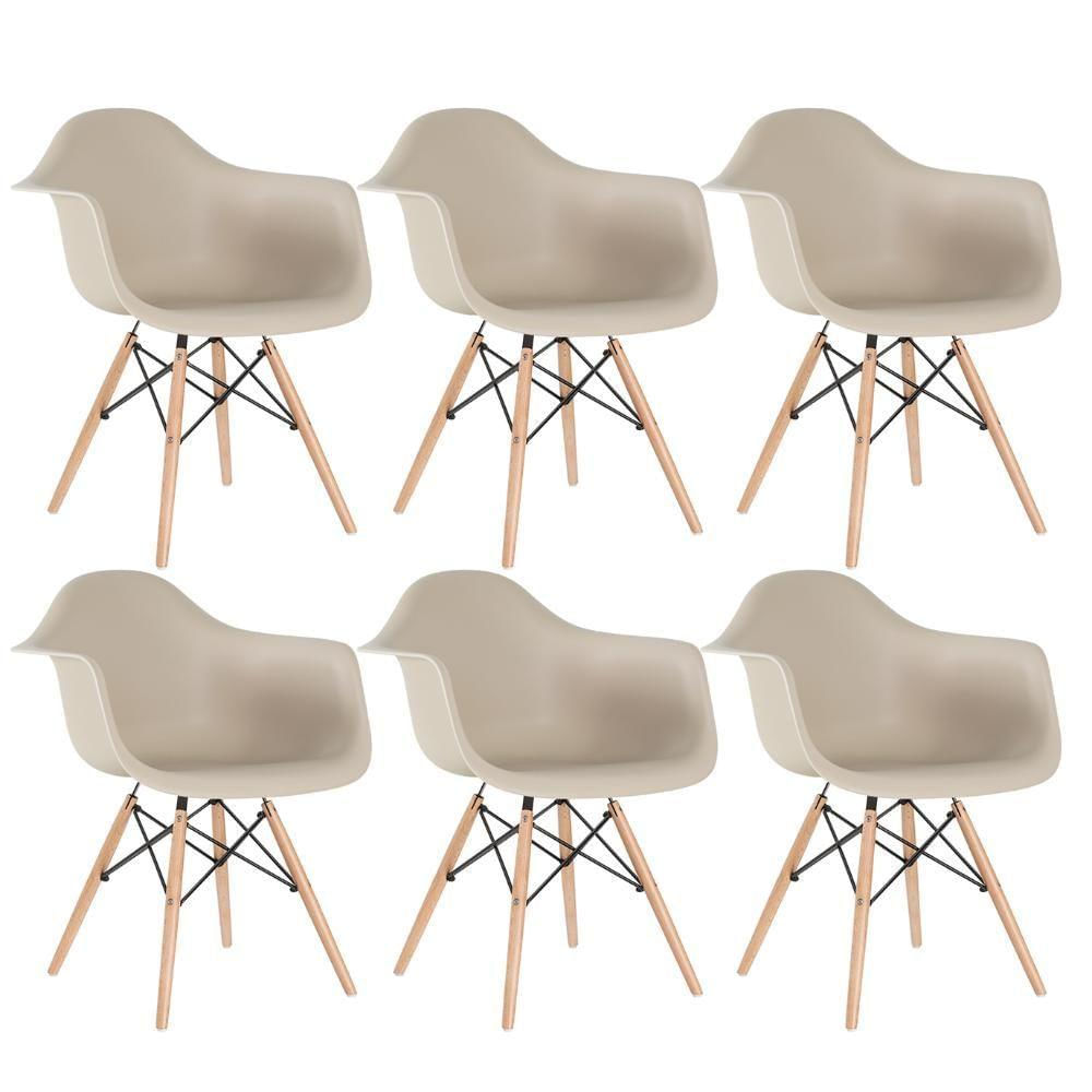 Kit 6 Cadeiras Charles Eames Eiffel Daw Com Braços E Pés De Madeira Clara Nude