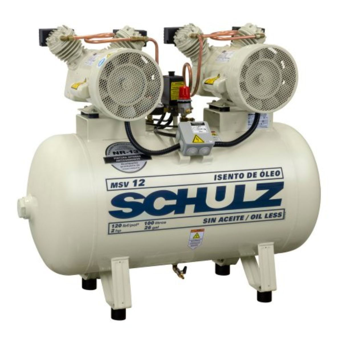 Compressor Schulz MSV 12 100 Litros 120 Libras 2 cv 220v Monofásico Isento de Óleo