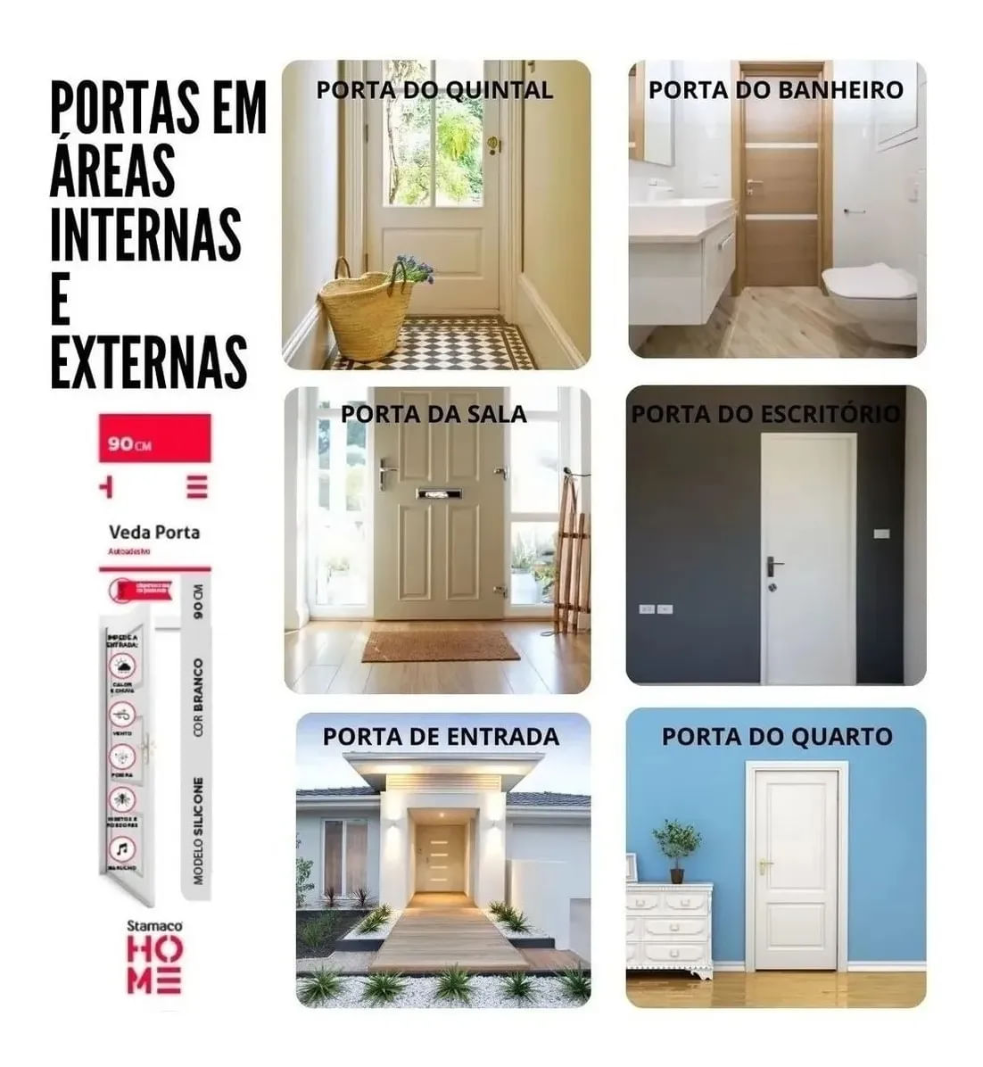 Veda Porta Com Adesivo 3m 80cm Rodo Silicone Preto Stamaco