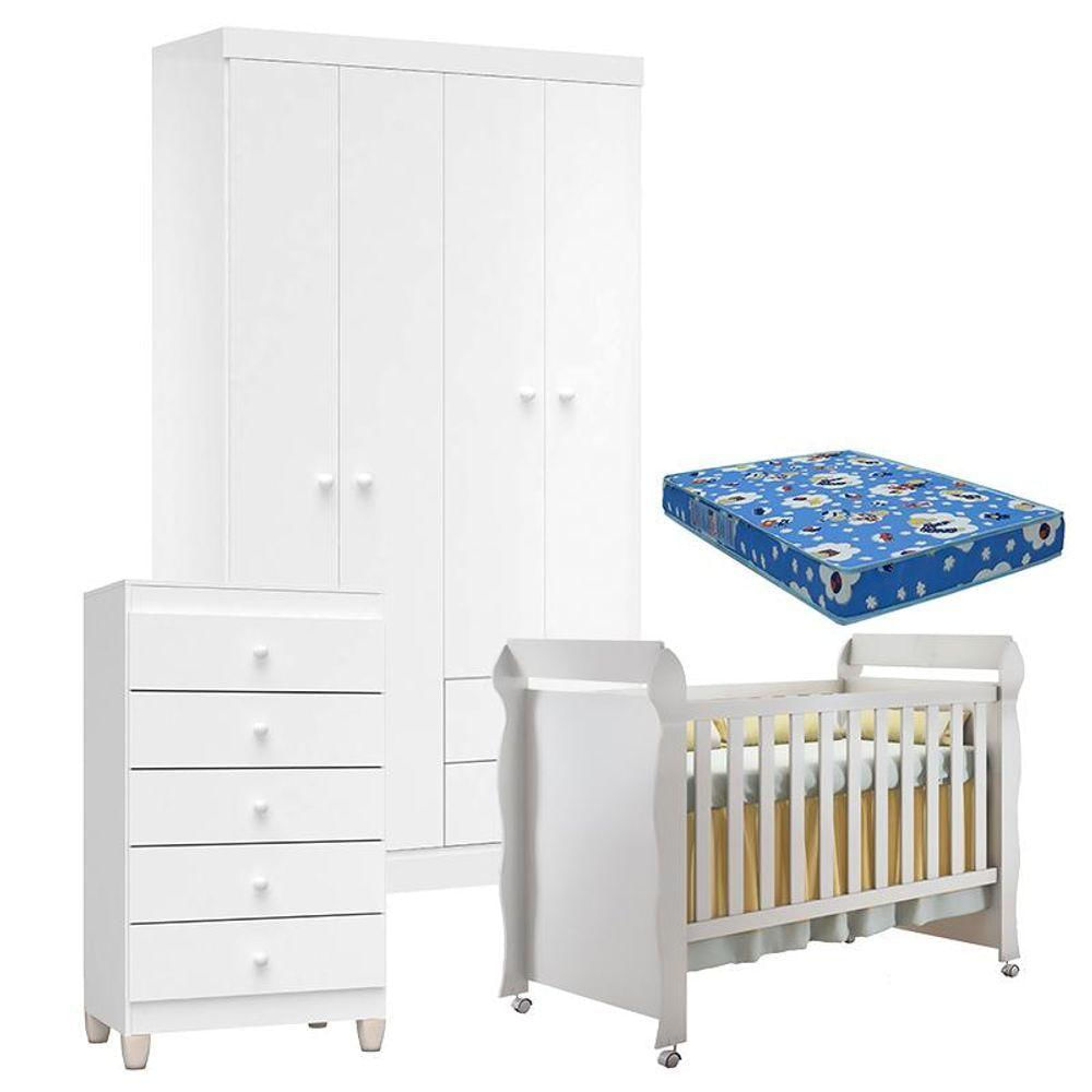 Quarto De Bebê 4 Portas Com Gaveteiro Ternura Baby E Berço Mirelle Branco Brilho Com Colchão