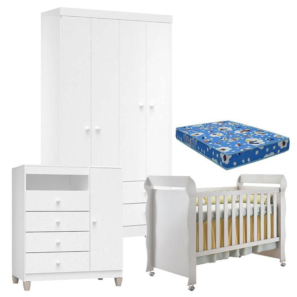 Quarto De Bebê 4 Portas Ternura Baby Com Berço Mirelle Branco Brilho Com Colchão - Incorplac