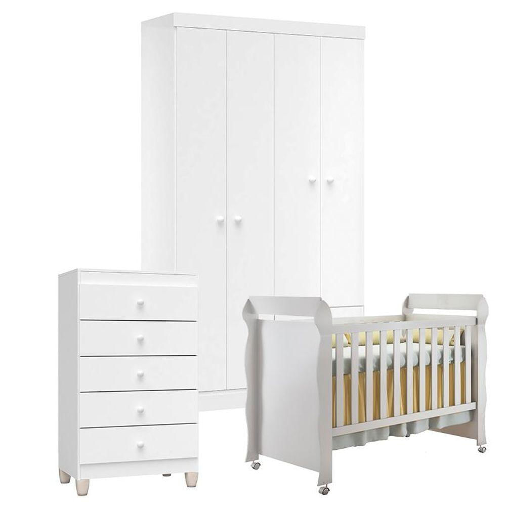 Quarto De Bebê 4 Portas Com Gaveteiro Ternura Baby E Berço Mirelle Branco Brilho - Incorplac