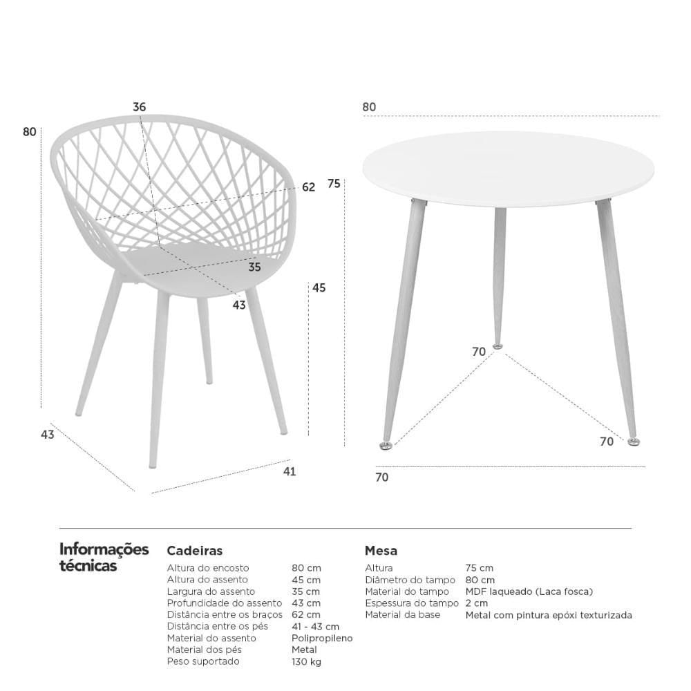 Mesa Redonda 80 Cm Branco + 3 Cadeiras Cinza