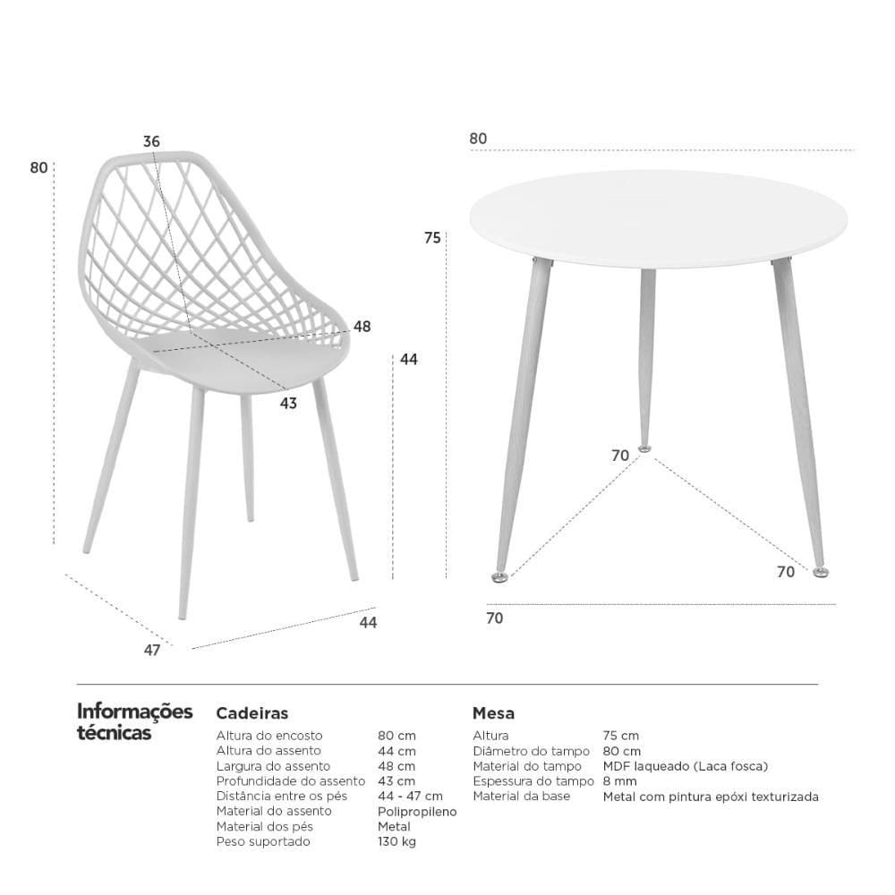 Mesa Redonda 80 Cm Branco + 3 Cadeiras Preto Preto