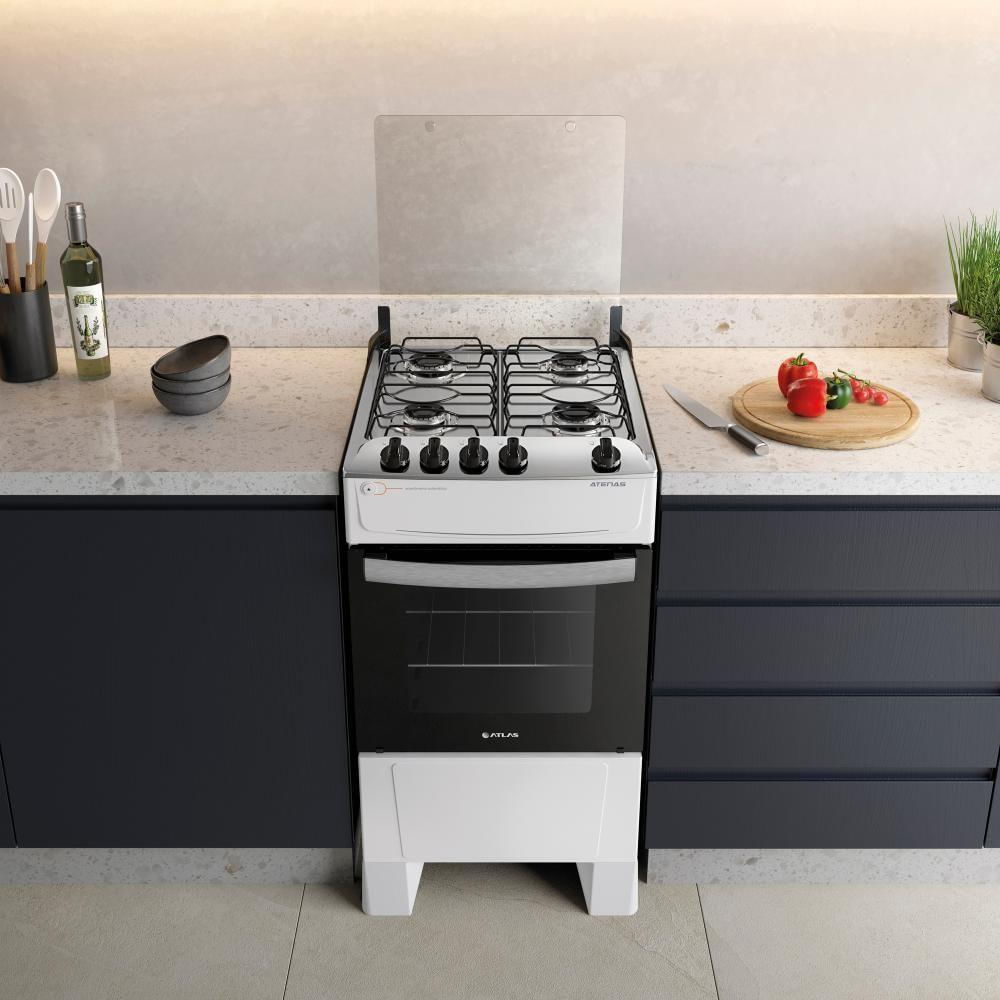 Fogão 4 Bocas Branco Com Mesa Inox Atlas Atenas Bivolt