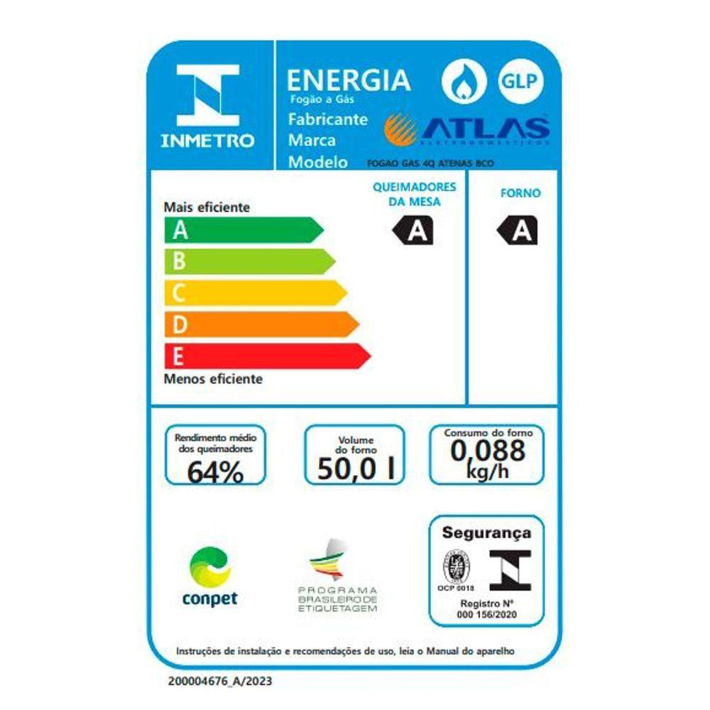 Fogão 4 Bocas Branco Com Mesa Inox Atlas Atenas Bivolt