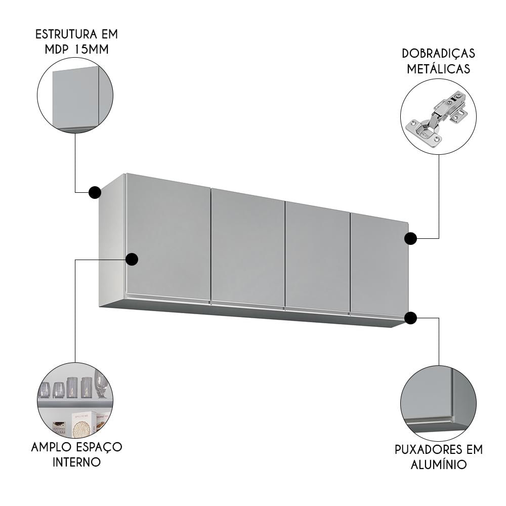 Armário de Cozinha Aéreo 160cm 4 Portas Nevada Cinza Claro - Lumil