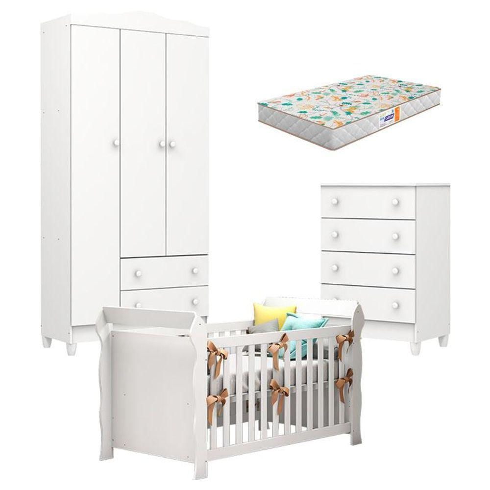 Quarto De Bebê Mel Flat Com Berço Americano Lara Branco Brilho Com Colchão Gazin - Carolina