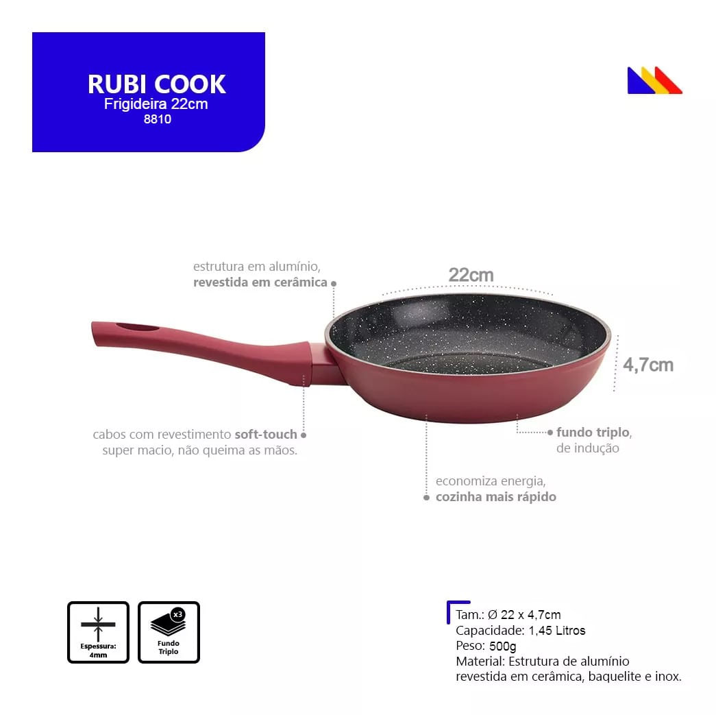 Frigideira Cerâmica Antiaderente 22cm Mimo Style Linha Rubi Cook Para Fogão Indução Panela De Aluminio Multiuso