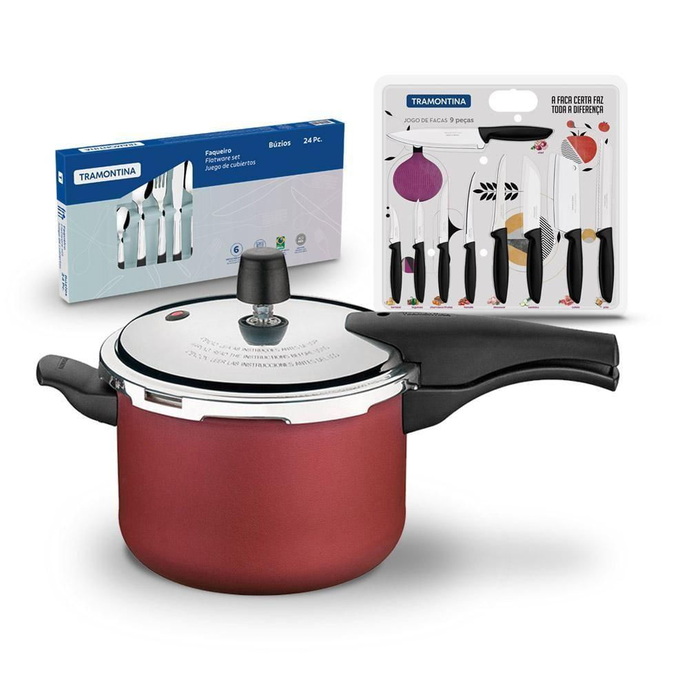 Kit - Panela De Pressão 4,5 Vermelha + 1 Conjunto Facas 9pç + 1 Faqueiro Inox 24pç - Tramontina