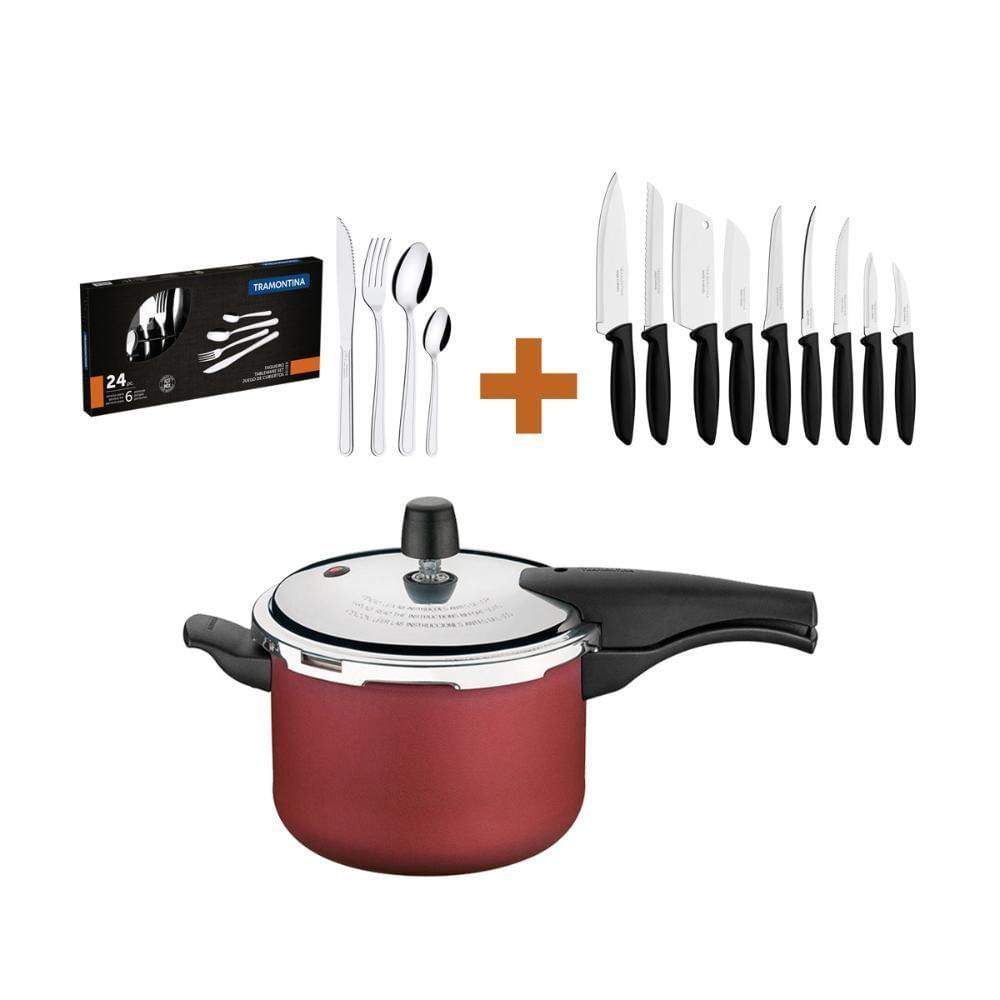 Kit - Panela De Pressão 4,5 Vermelha + 1 Conjunto Facas 9pç + 1 Faqueiro Inox 24pç - Tramontina